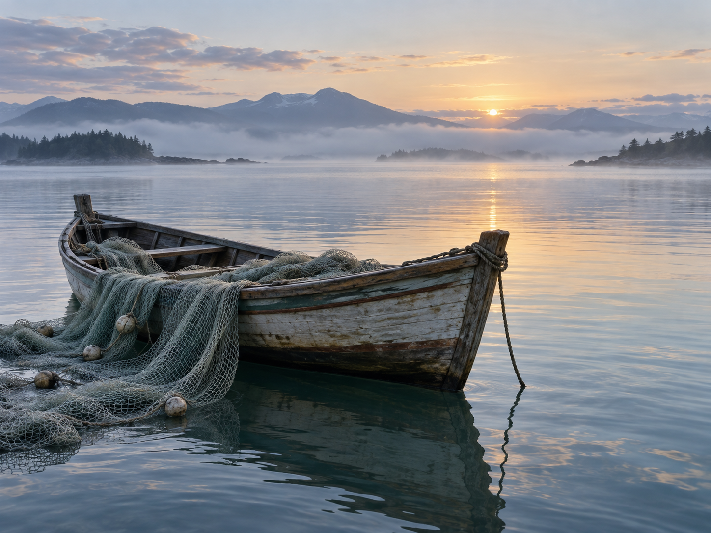 A single weathered wooden boat with loosely draped empty fishing nets on calm misty water at dawn, no people