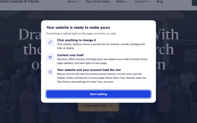 Project Go Builder open on the example church website, with a card that reads: Your website is ready to make yours. Click anything to change it.