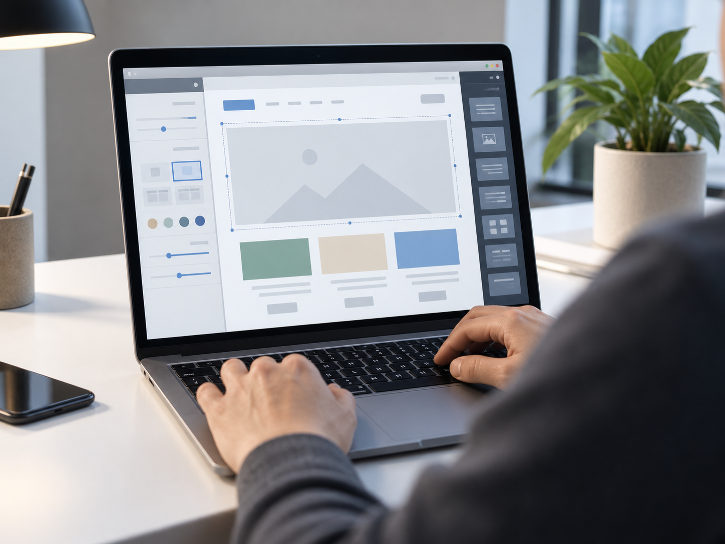 Over-the-shoulder view of a persons hands typing at a laptop on the right of frame, the screen showing a website being built in a page-builder with placeholder blocks and a hero image area, tidy modern desk, no visible face