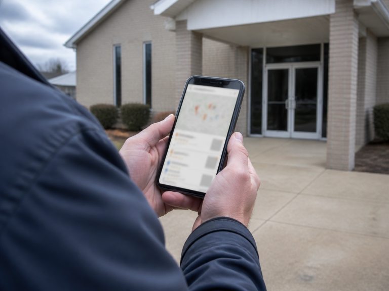 Hands holding a phone showing local map listings outside a church building