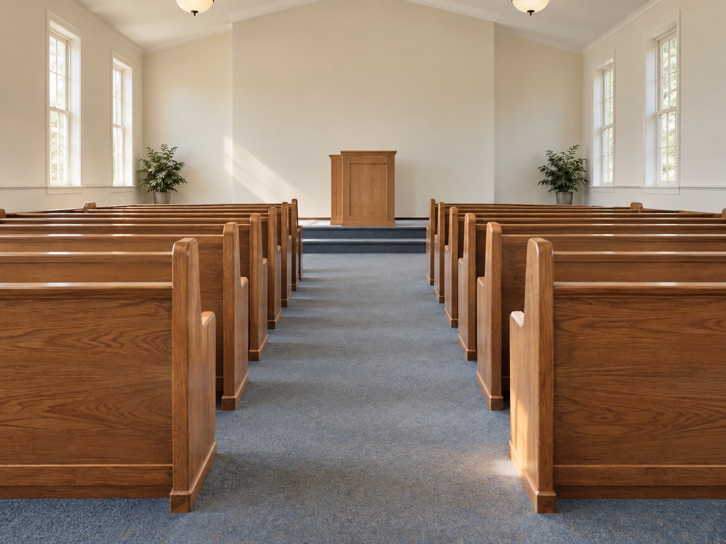 An empty church auditorium with wooden pews facing a simple wooden pulpit, warm daylight from tall windows, no people