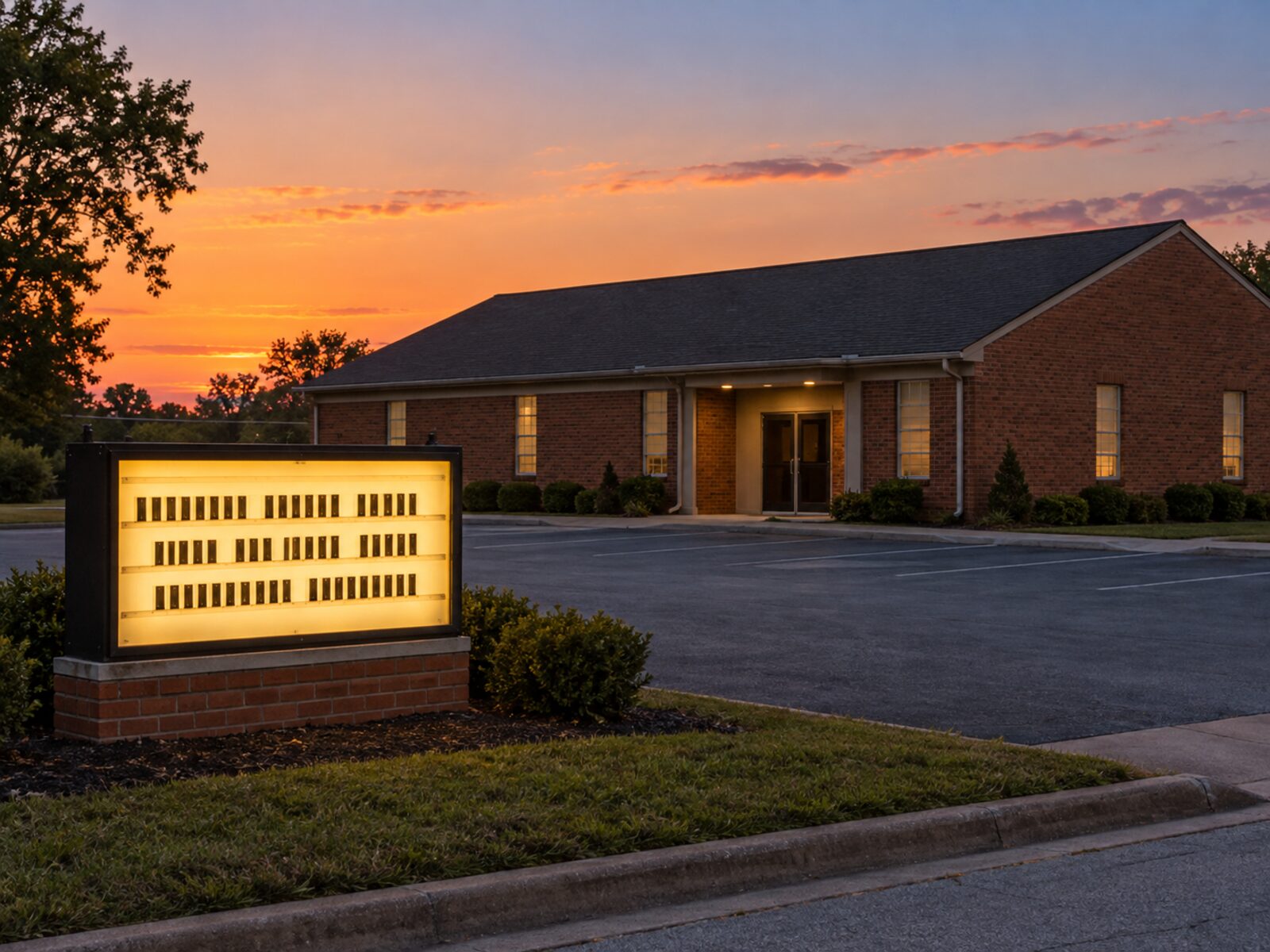 A small church building at dusk with a lit outdoor sign out front and an empty lot, nobody around — an announcement facing a quiet street