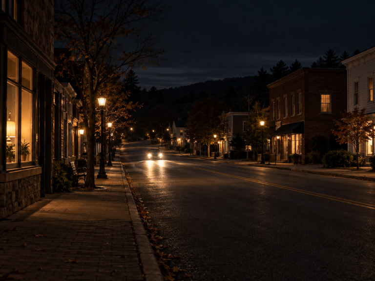 A quiet small-town main street at night, warm lit shop windows and a single car's headlights on the empty road, no people