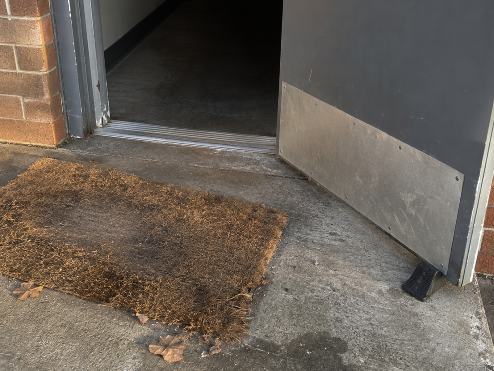 A worn coir doormat lying crooked on a chipped concrete step at a propped-open grey metal door of a small brick building, late afternoon light, nobody there