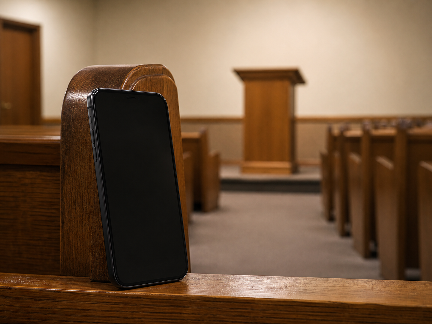 A smartphone propped against a wooden pew, recording toward an empty pulpit