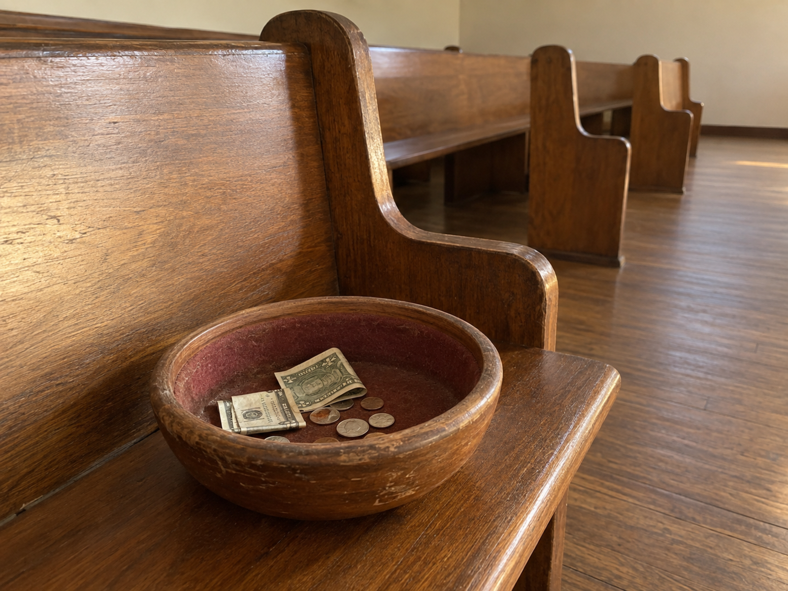 A worn wooden collection plate with a few folded bills resting on an empty pew in a plain meeting hall after service, warm late-afternoon light, no people