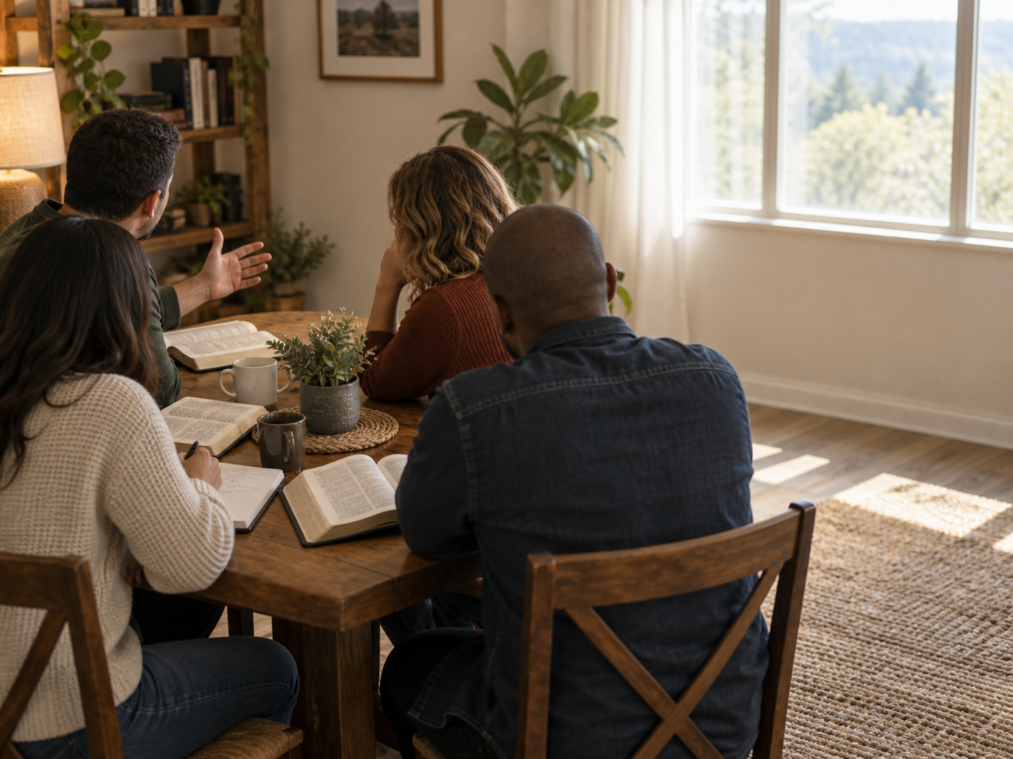 Four adults around a wooden table for a Bible study with open Bibles, warm window light, no identifiable faces