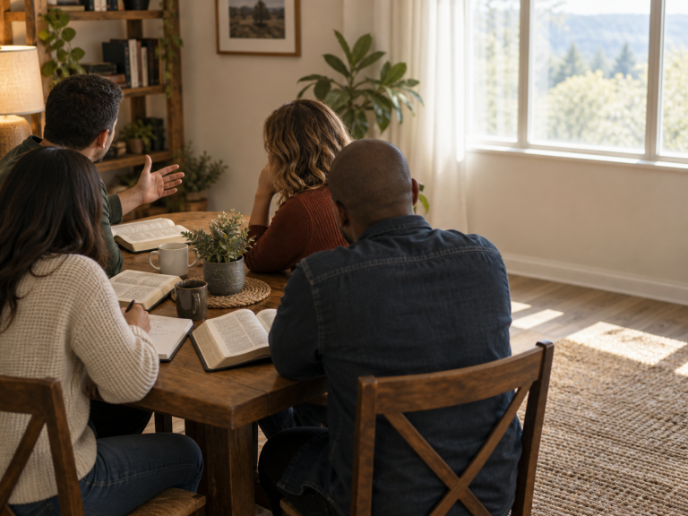 Four adults around a wooden table for a Bible study with open Bibles, warm window light, no identifiable faces