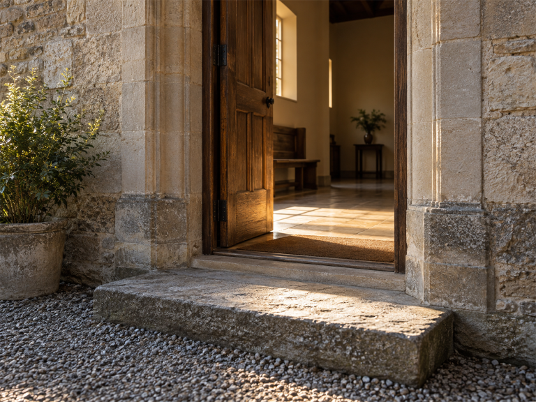 A plain wooden church door standing open with warm morning light spilling across the stone threshold and step, no people