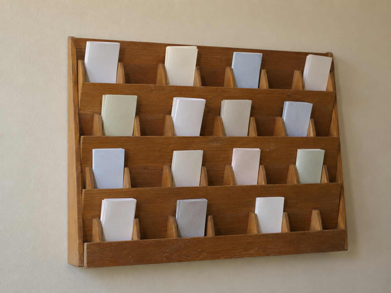 A plain wooden pamphlet rack on a wall in a modest church foyer, folded tracts in the slots, a little worn, no people